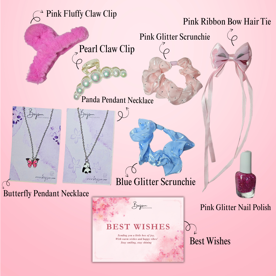 Girls Fashion Gift Set – Hair Clips, Scrunchies, Necklaces, Hair Bow & Glitter Nail Polish with Gift Card