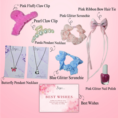 Girls Fashion Gift Set – Hair Clips, Scrunchies, Necklaces, Hair Bow & Glitter Nail Polish with Gift Card