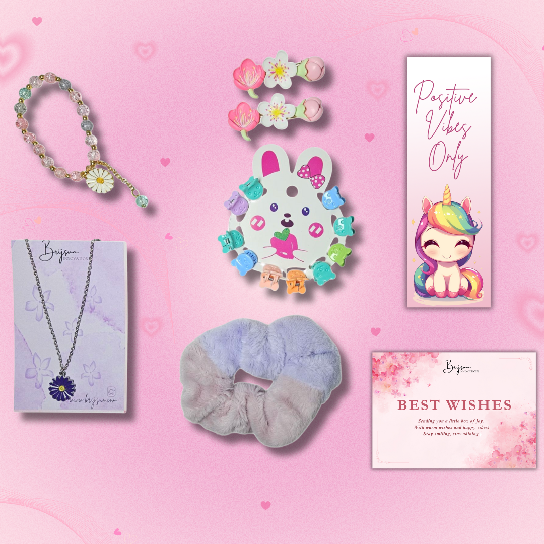 Girls Cute Accessories Gift Set – Bracelet, Hair Clips, Necklace, Scrunchie & Unicorn Card with Gift Wishes