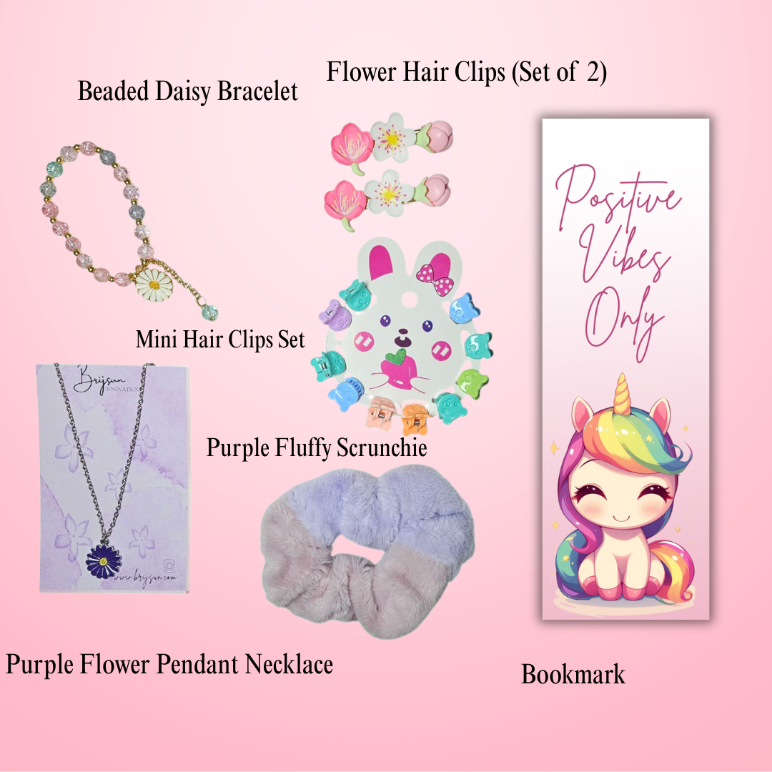 Girls Cute Accessories Gift Set – Bracelet, Hair Clips, Necklace, Scrunchie & Unicorn Card with Gift Wishes