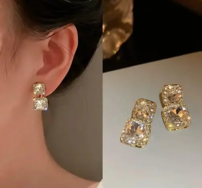 Golden Cubic Zirconia Square Drop Earrings