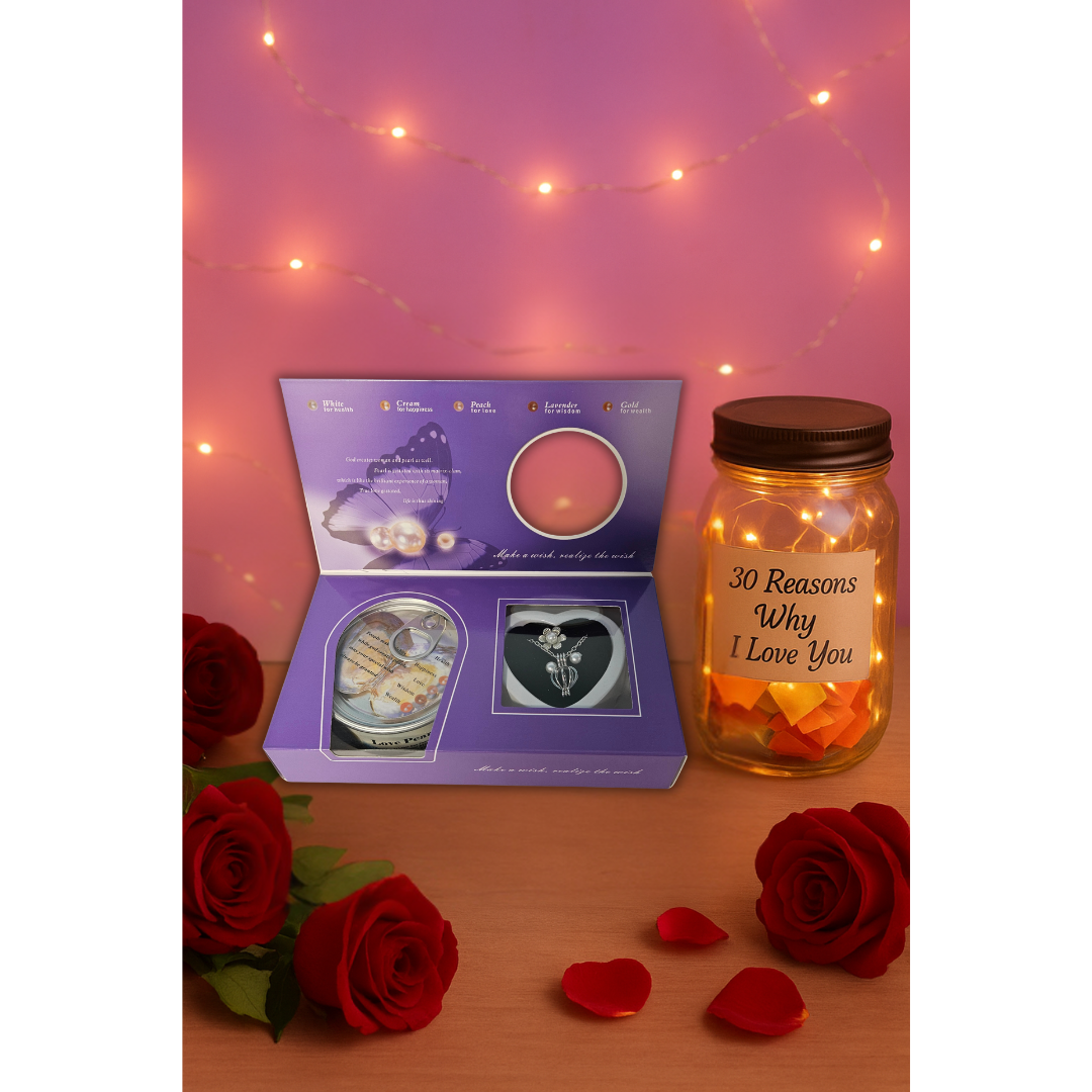 Romantic Gift Combo – Wish Pearl Kit with Necklace & 30 Reasons Why I Love You Jar (Fairy Light Love Hamper)