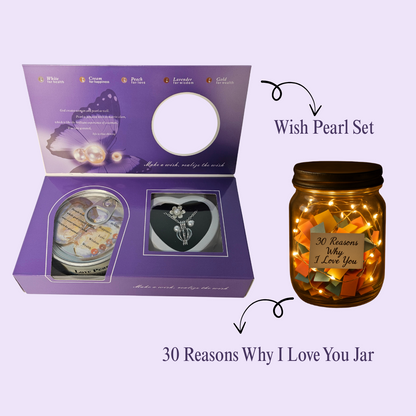 Romantic Gift Combo – Wish Pearl Kit with Necklace & 30 Reasons Why I Love You Jar (Fairy Light Love Hamper)