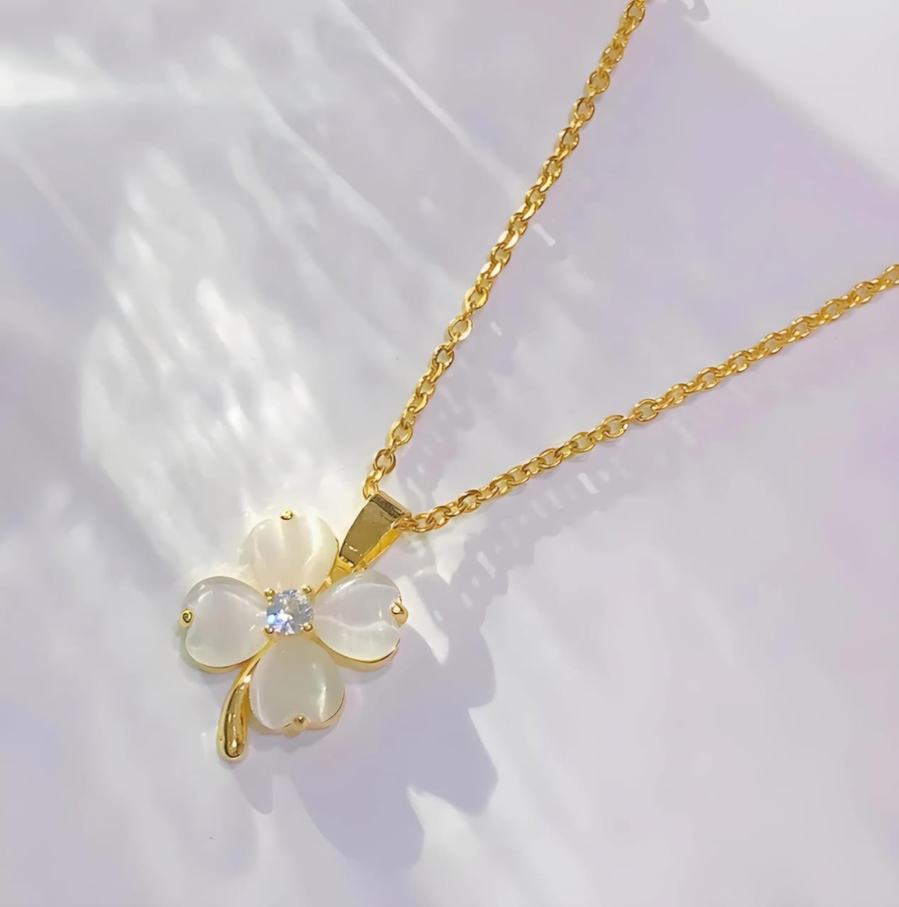Golden & White Korean Style Four Leaf Clover Pendant Necklace For Women & Girls
