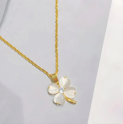 Golden & White Korean Style Four Leaf Clover Pendant Necklace For Women & Girls