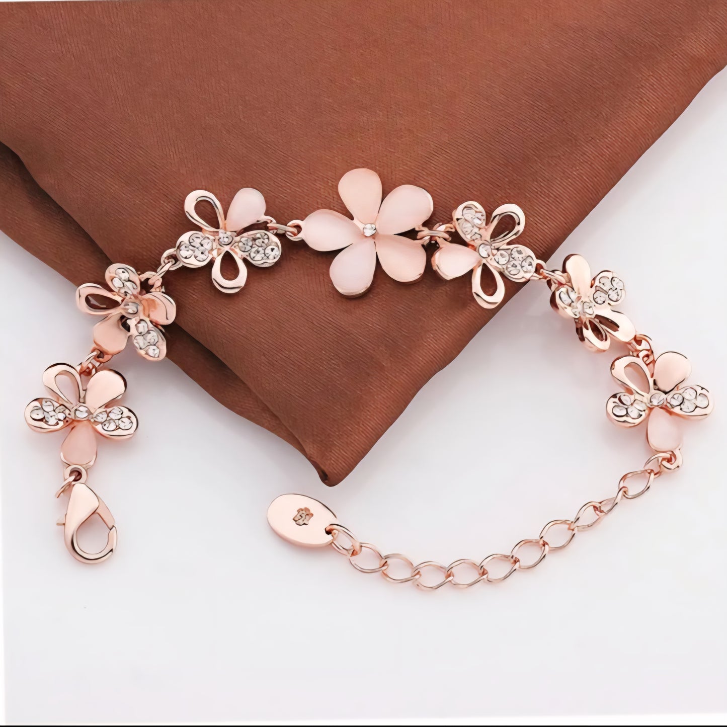 Rose Gold Rose Gold Crystal Studded Adjustable Chain Floral Bracelet For Women