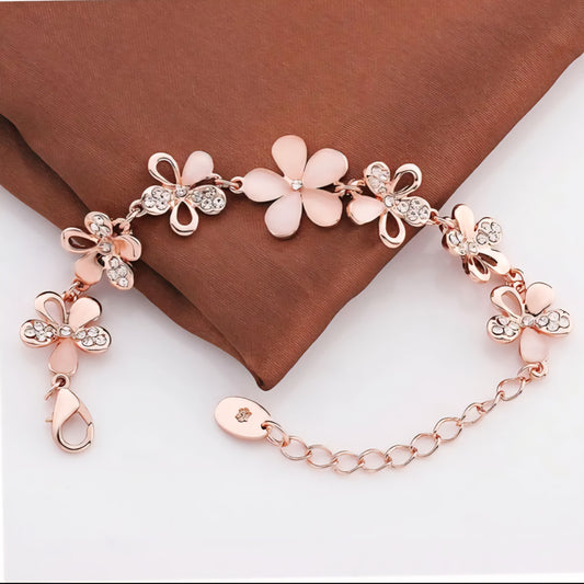 Rose Gold Rose Gold Crystal Studded Adjustable Chain Floral Bracelet For Women