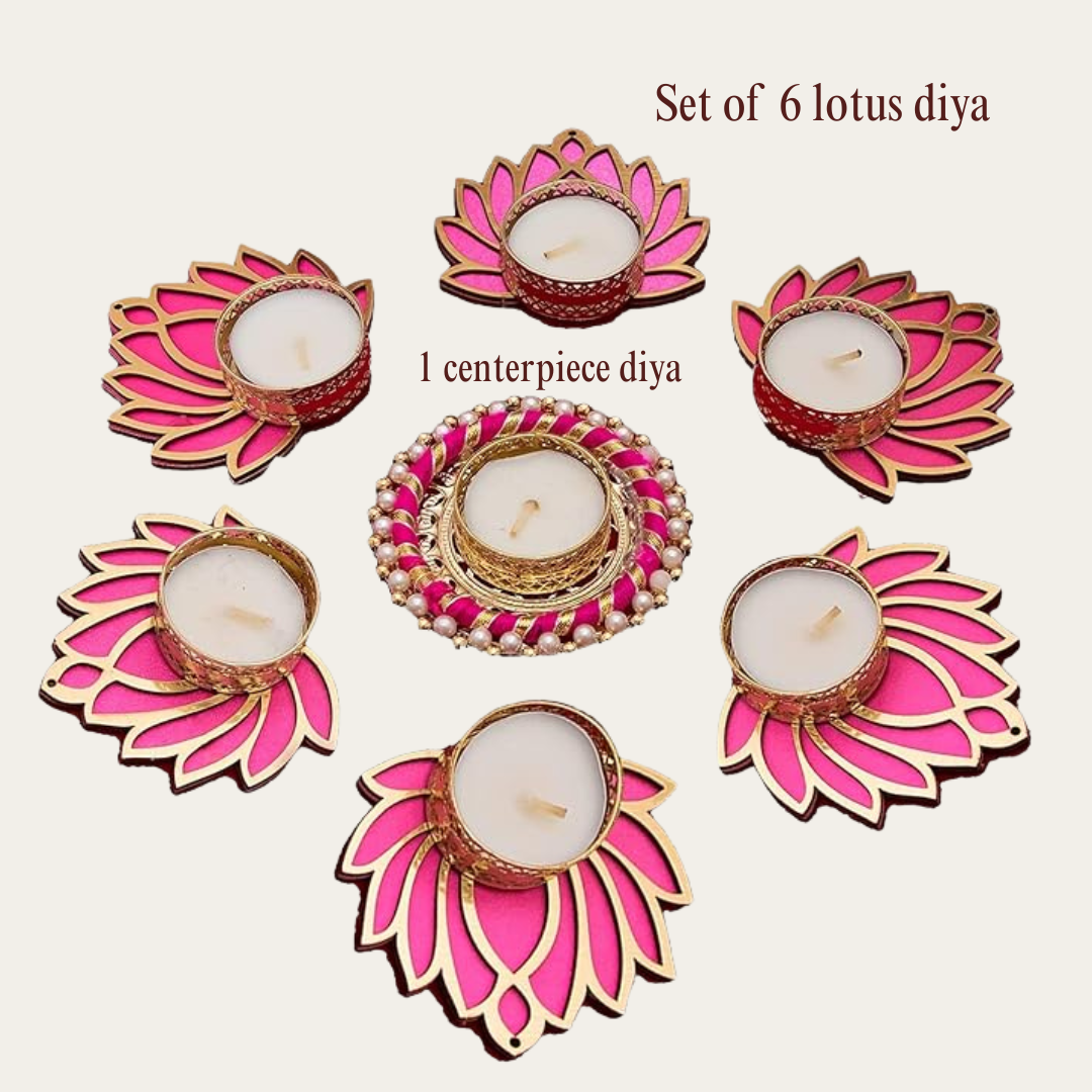 Pink Lotus Tealight Candle Holder Set – 7 Piece Decorative Diya Set for Diwali, Home Decor & Gifting