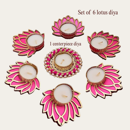 Pink Lotus Tealight Candle Holder Set – 7 Piece Decorative Diya Set for Diwali, Home Decor & Gifting