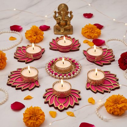 Pink Lotus Tealight Candle Holder Set – 7 Piece Decorative Diya Set for Diwali, Home Decor & Gifting