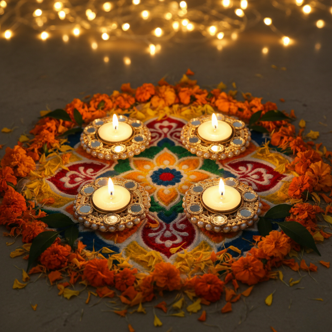 Set of 2/4/6 Pearl & Mirror Work Decorative Tealight Candle Holders for Diwali