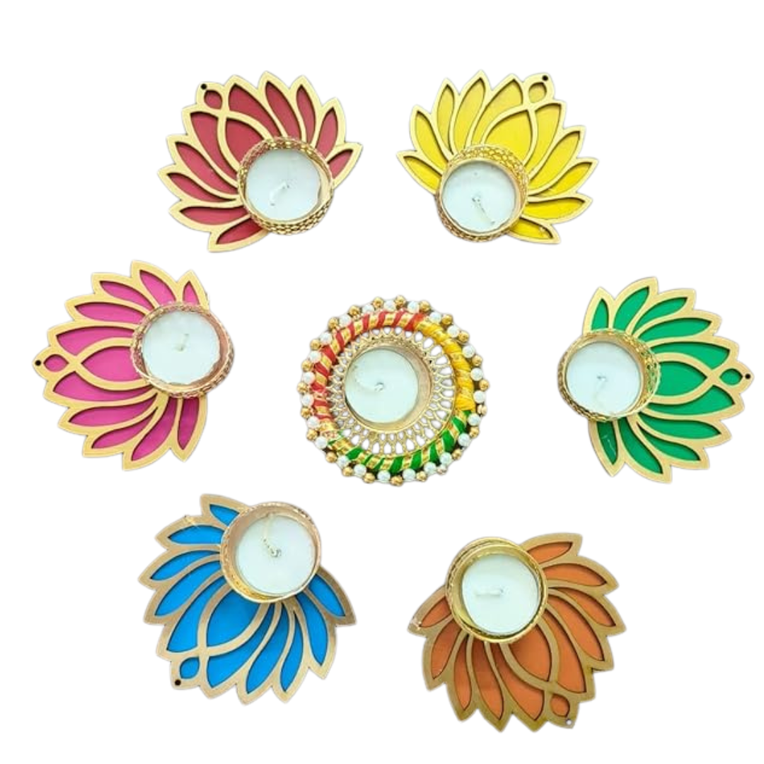 Lotus Diya Set of 6 with Decorative Centerpiece – Festive Tealight Holder