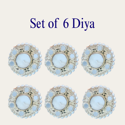 Set of 2/4/6 Pearl & Mirror Work Decorative Tealight Candle Holders for Diwali