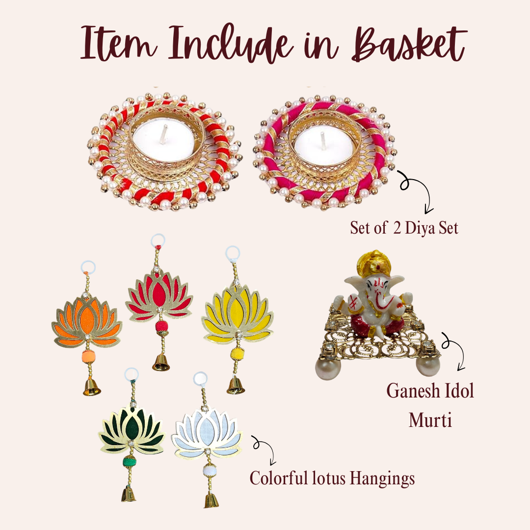 Premium Diwali Gift Hamper with Diyas, Ganesh Idol, Lotus Hangings & Wooden Basket