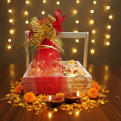 Premium Diwali Gift Hamper with Diyas, Ganesh Idol, Lotus Hangings & Wooden Basket