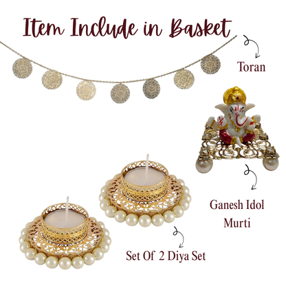 Perfect Diwali Gift Combo – Ganesh Idol, Golden Toran & Decorative Diyas