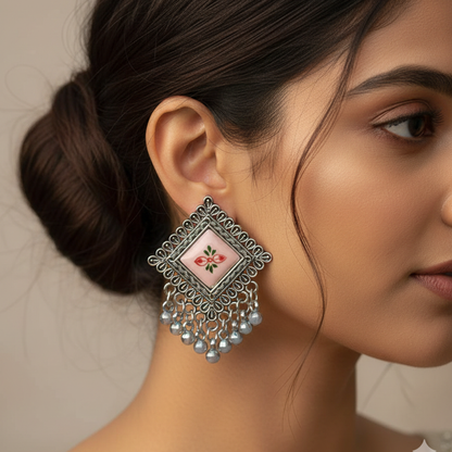 Oxidised Silver Square Floral Enamel Jhumki Earrings with Ghungroo Drops