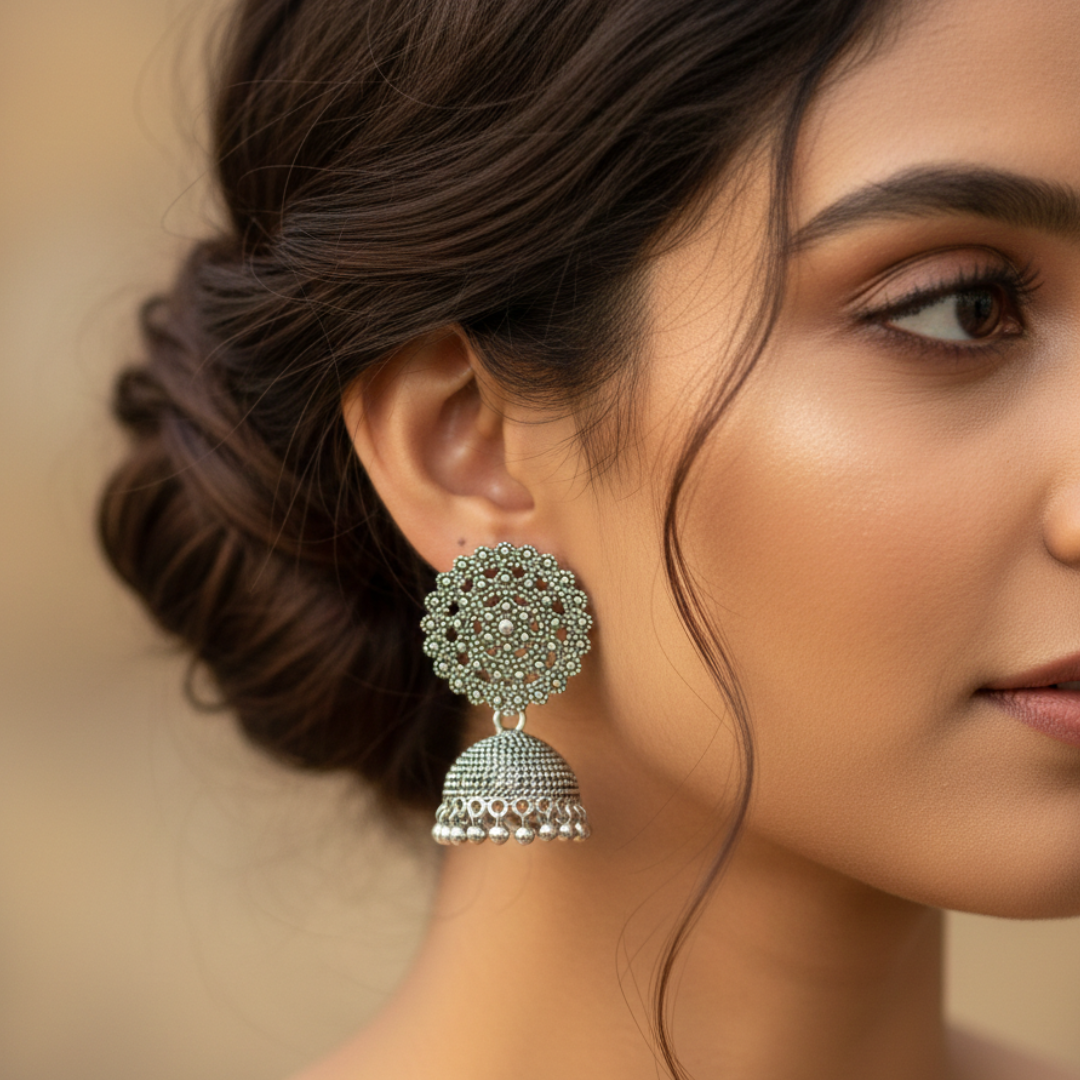 Oxidized Silver Leaf Design Jhumki Earrings for Women | Traditional Dome Jhumka | Ethnic Statement Jewelry for Festive & Daily Wear