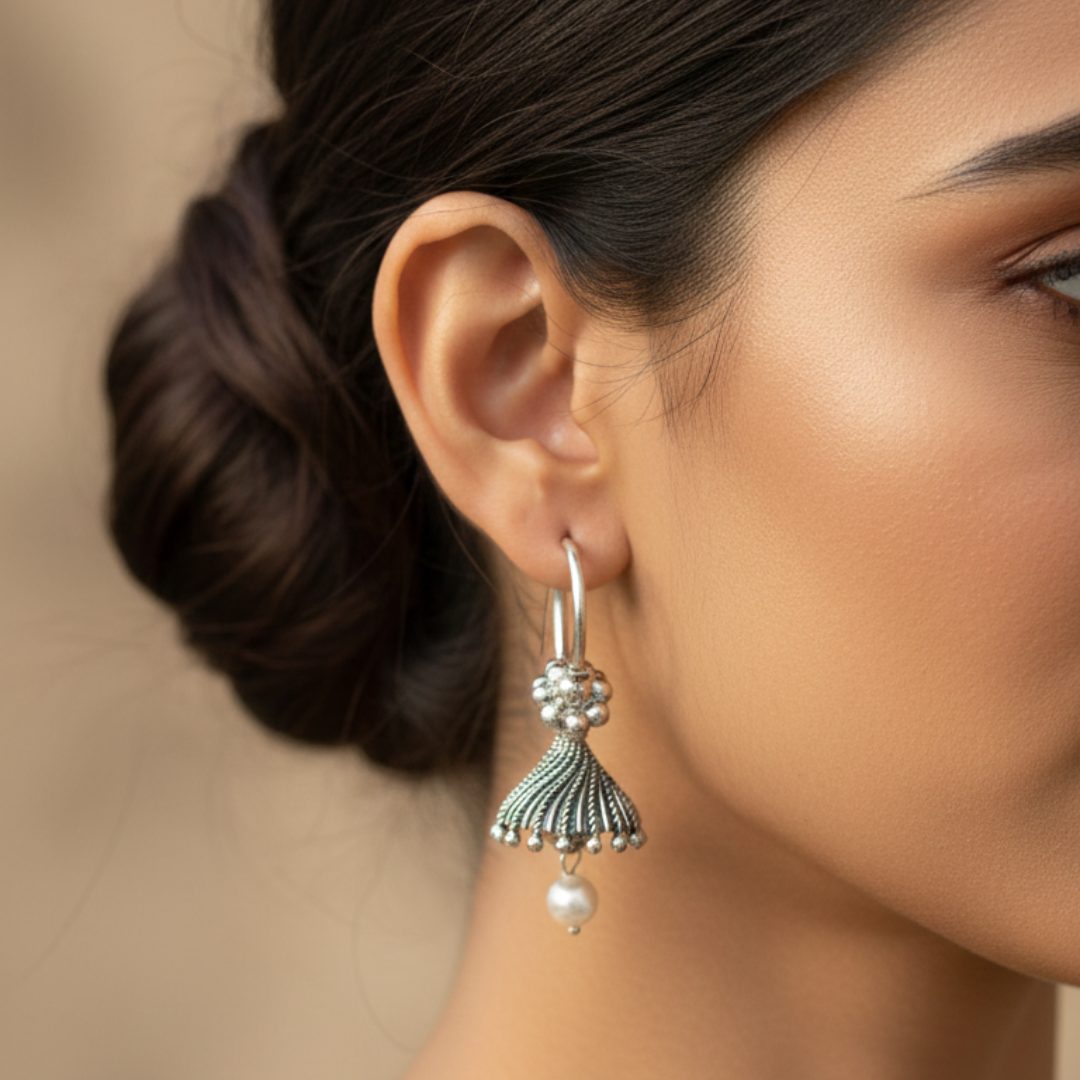 Oxidized Silver Pearl Drop Jhumki Earrings | Handcrafted Traditional Indian Jewelry