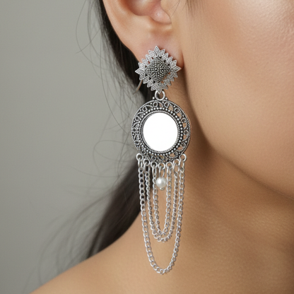 Oxidised Silver Mirror Jhumki Earrings for Women | Handmade Ethnic Statement Jewelry