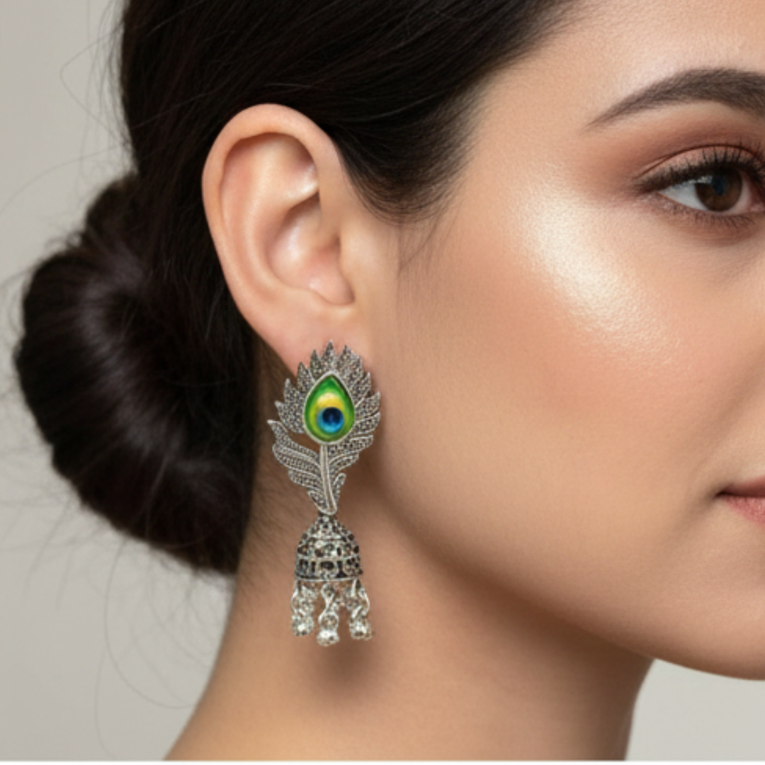 Peacock Feather Silver Jhumki Earrings | Oxidised Traditional Jhumkas for Women