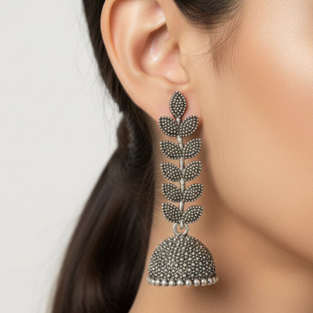 Oxidized Silver Leaf Design Jhumki Earrings for Women | Traditional Dome Jhumka | Ethnic Statement Jewelry