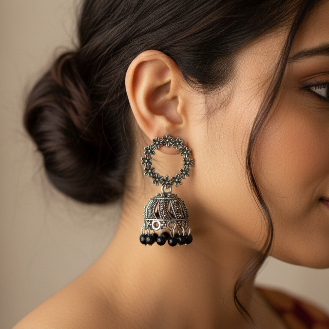 Oxidised Silver Black Bead Jhumki Earrings | Handcrafted Traditional Floral Jhumkas