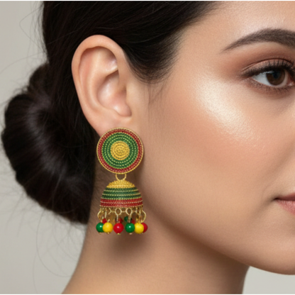 Multicolor Handcrafted Jhumki Earrings with Beaded Detailing – Traditional Indian Ethnic Jewelry