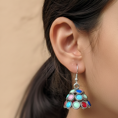 Oxidized Silver Multicolor Stone Jhumki Earrings – Boho Ethnic Dome Drop Earrings for Women & Girls