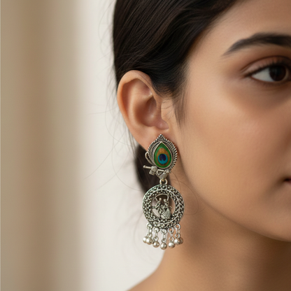 Oxidised Silver Radha Krishna Jhumki Earrings with Peacock Feather Design & Pearl Drops | Traditional Ethnic Temple Jewelry for Women