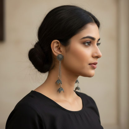 Oxidised Silver Floral Crescent Jhumki Earrings for Women | Boho Ethnic Statement Dangler Earrings