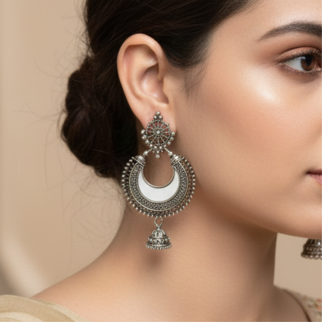 Oxidized Silver Leaf Chandbali Jhumki – Traditional Dome Statement Earrings
