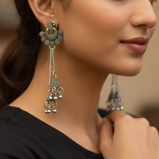 Oxidised Silver Peacock Floral Long Jhumki Earrings for Women | Traditional Ethnic Danglers | Statement Party & Festive Jewelry