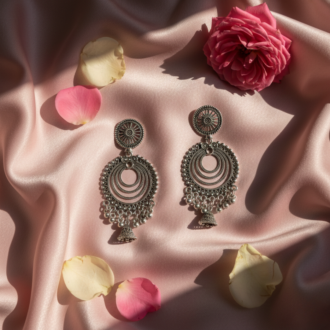 Oxidized Silver Layered Jhumka Earrings for Women | Traditional Circular Ethnic Statement Jewelry