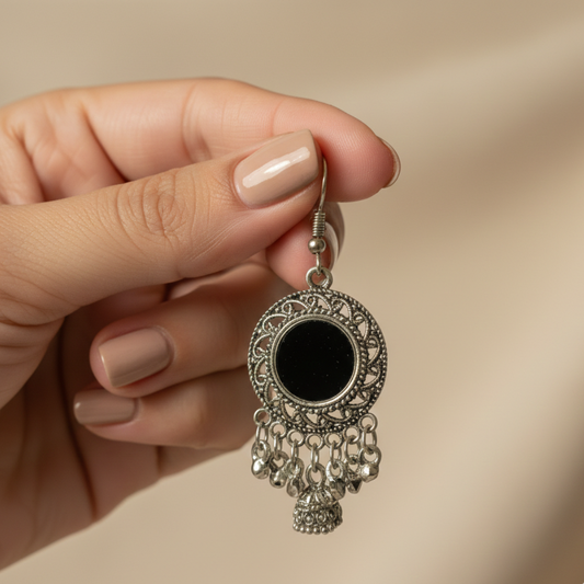 Oxidized Silver Round Black Stone Earrings with Dangling Jhumki Charms | Traditional Ethnic Statement Drop Earrings for Women