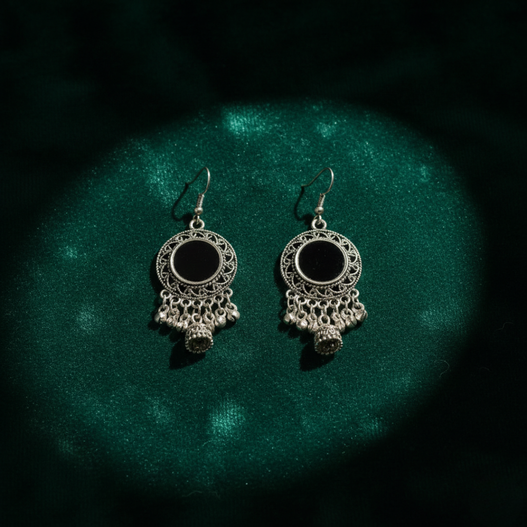 Oxidized Silver Round Black Stone Earrings with Dangling Jhumki Charms | Traditional Ethnic Statement Drop Earrings for Women
