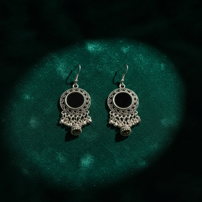 Oxidized Silver Round Black Stone Earrings with Dangling Jhumki Charms | Traditional Ethnic Statement Drop Earrings for Women