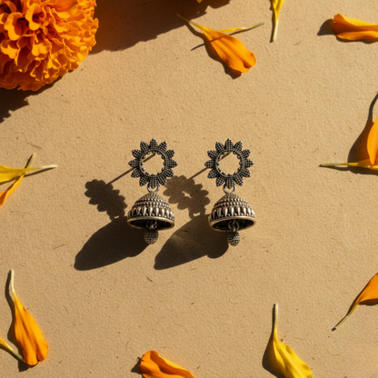 Oxidized Silver Floral Jhumki Earrings for Women | Traditional Dome Jhumka | Ethnic Statement Jewelry | Lightweight Daily & Festive Wear