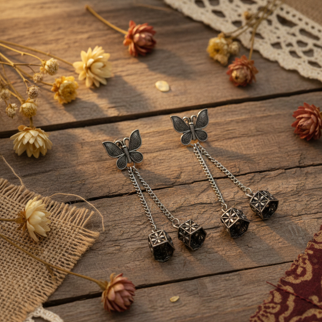 Oxidised Silver Butterfly Jhumki Earrings with Double Chain Drop – Handcrafted Ethnic Jewellery