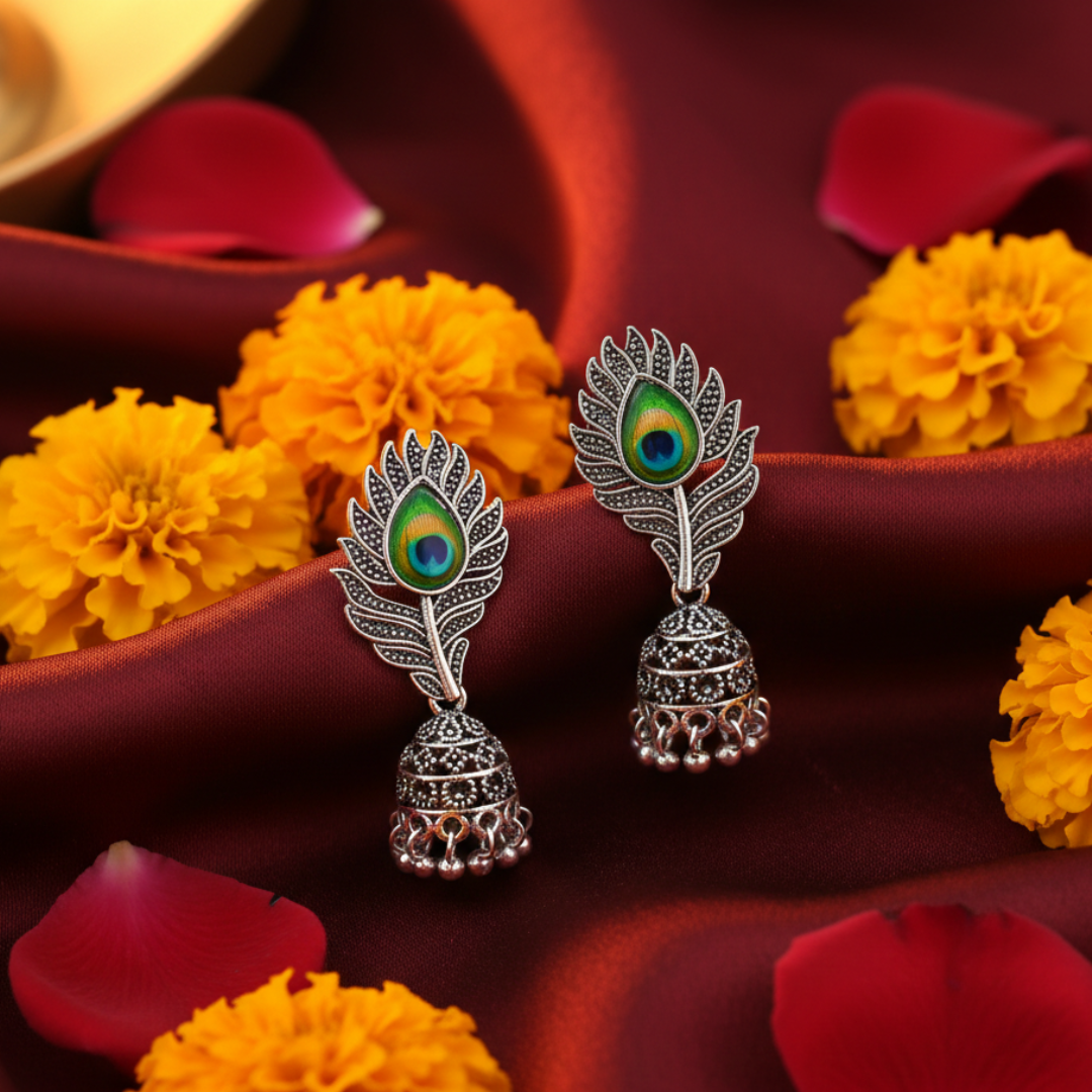 Peacock Feather Silver Jhumki Earrings | Oxidised Traditional Jhumkas for Women