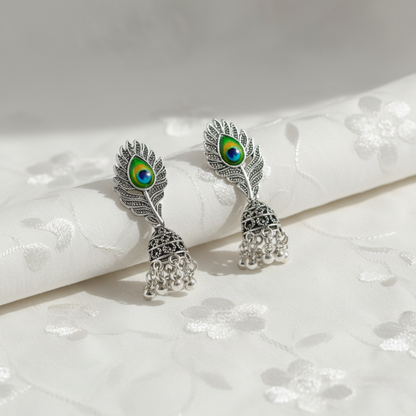 Peacock Feather Silver Jhumki Earrings | Oxidised Traditional Jhumkas for Women