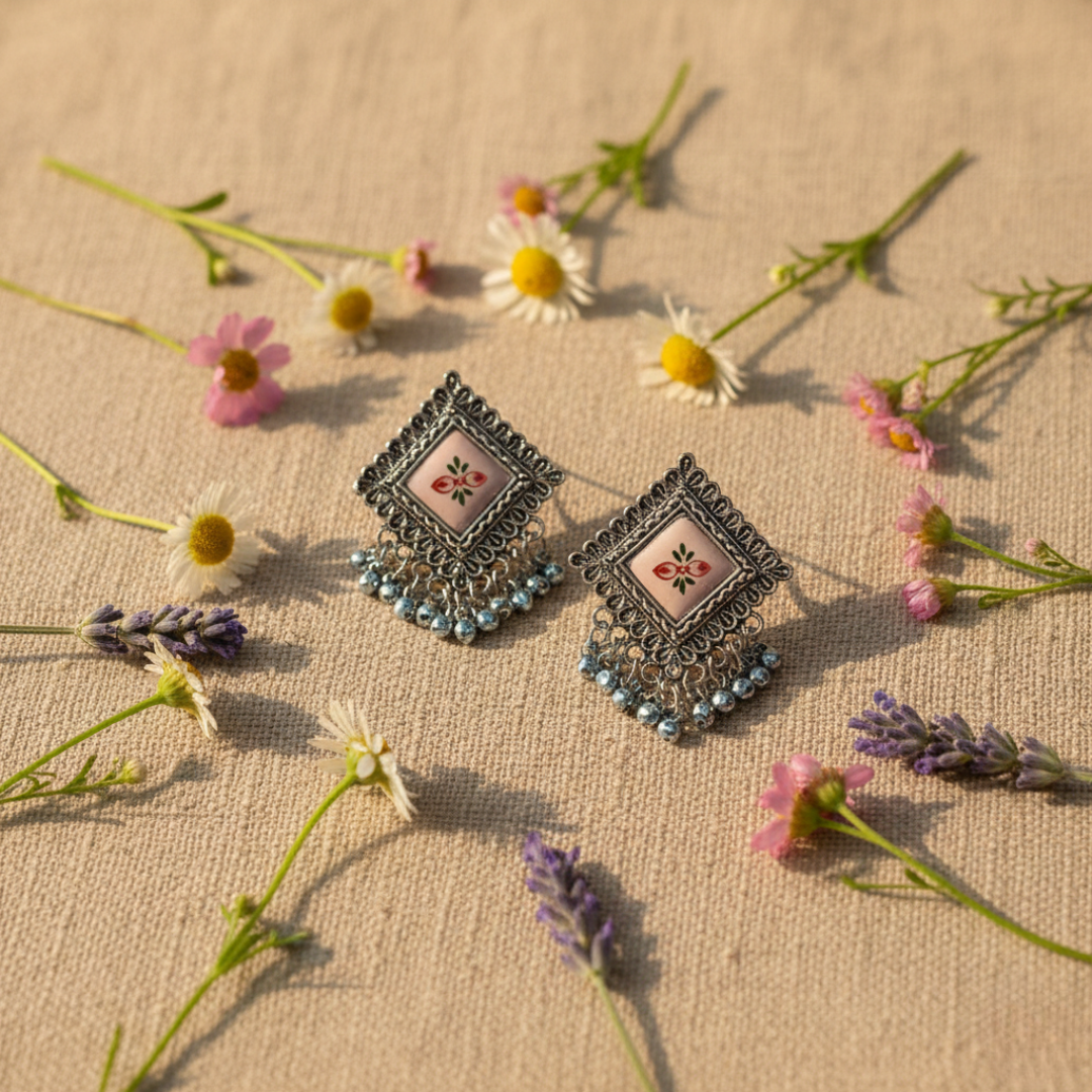 Oxidised Silver Square Floral Enamel Jhumki Earrings with Ghungroo Drops