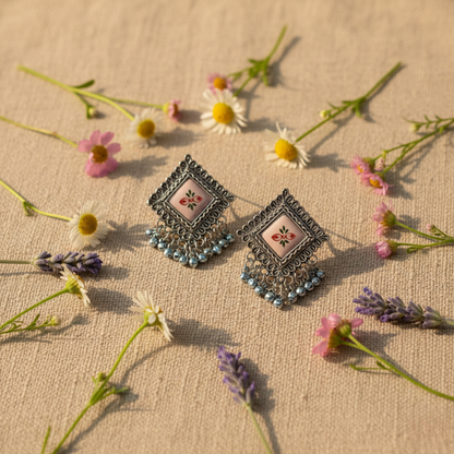 Oxidised Silver Square Floral Enamel Jhumki Earrings with Ghungroo Drops