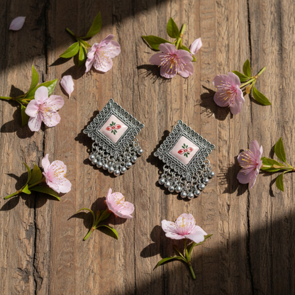 Oxidised Silver Square Floral Enamel Jhumki Earrings with Ghungroo Drops