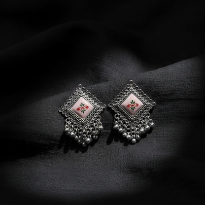 Oxidised Silver Square Floral Enamel Jhumki Earrings with Ghungroo Drops