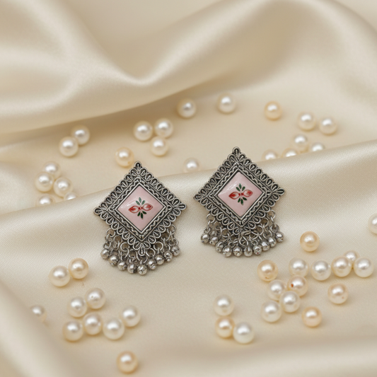 Oxidised Silver Square Floral Enamel Jhumki Earrings with Ghungroo Drops