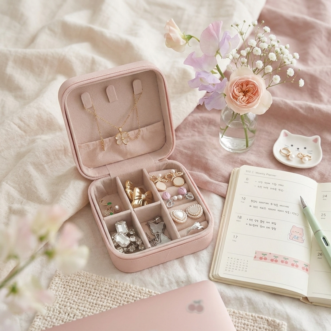 Elegant Jewelry Gift Set with Organizer Box – 7 Earrings, 1 Ring & 1 Pendant Necklace | Aesthetic Travel Jewelry Case for Girls & Women