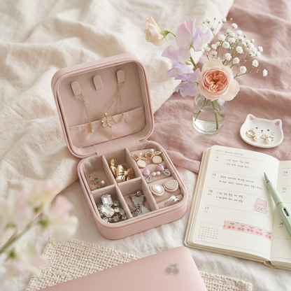 Elegant Jewelry Gift Set with Organizer Box – 7 Earrings, 1 Ring & 1 Pendant Necklace | Aesthetic Travel Jewelry Case for Girls & Women