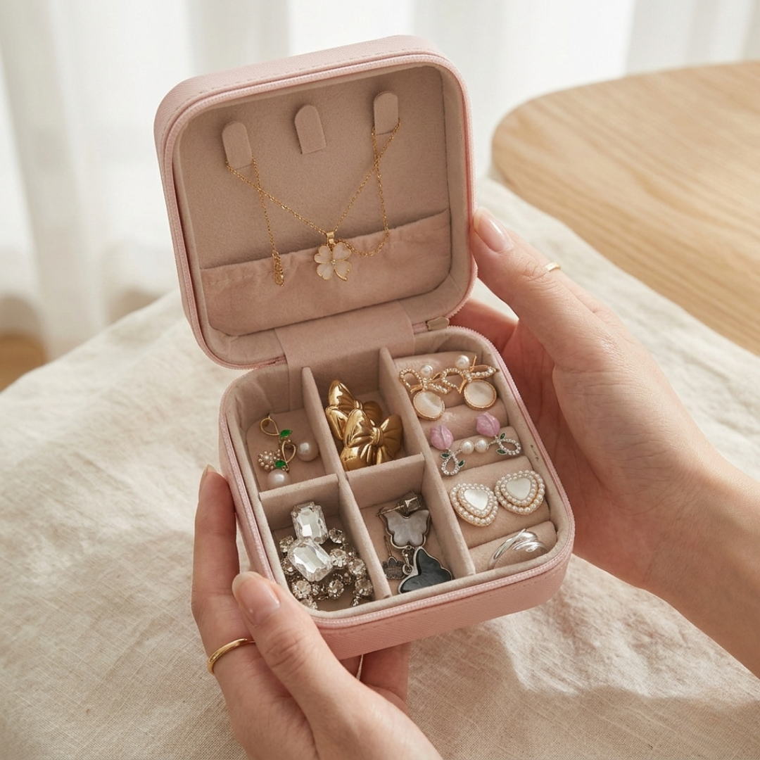 Elegant Jewelry Gift Set with Organizer Box – 7 Earrings, 1 Ring & 1 Pendant Necklace | Aesthetic Travel Jewelry Case for Girls & Women