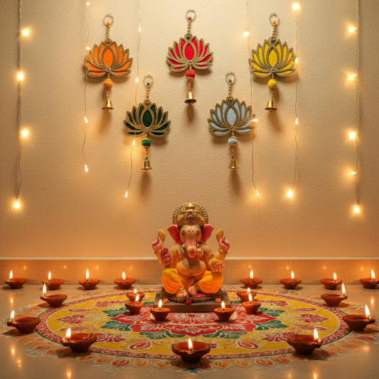 Set of 5 Lotus Wall Hanging with Bell – Multicolor Decorative Hanging for Diwali & Home Decor